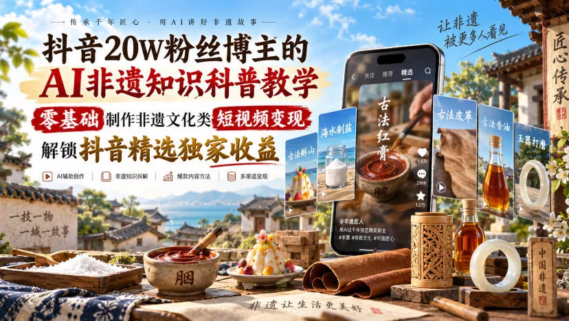 抖音20W粉丝博主的AI非遗知识科普教学,零基础制作非遗文化类短视频变现,解锁抖音精选独家收益祝你网--专注互联网创业.信息差副业研究拒绝割韭菜祝你网