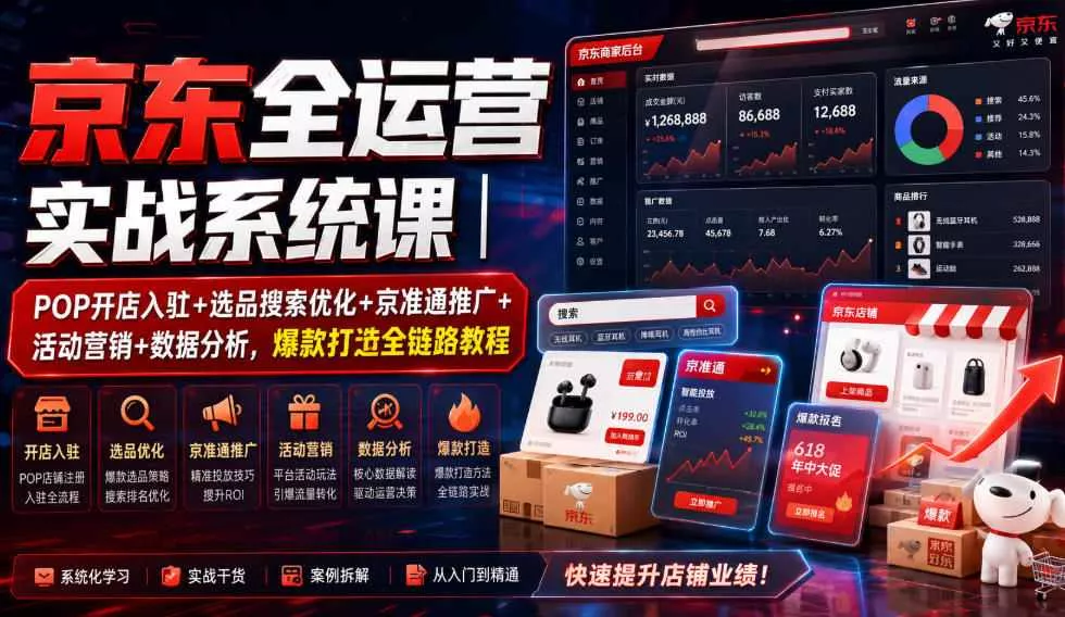 京东全运营实战系统课｜POP开店入驻+选品搜索优化+京准通推广+活动营销+数据分析，爆款打造全链路教程祝你网--专注互联网创业.信息差副业研究拒绝割韭菜祝你网