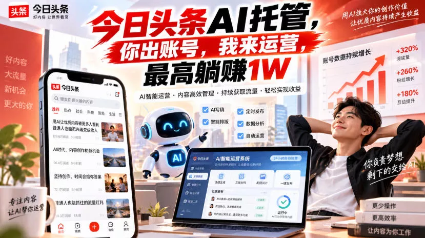 今日头条AI托管，你出账号，我来运营，最高躺賺1W【揭秘】祝你网--专注互联网创业.信息差副业研究拒绝割韭菜祝你网