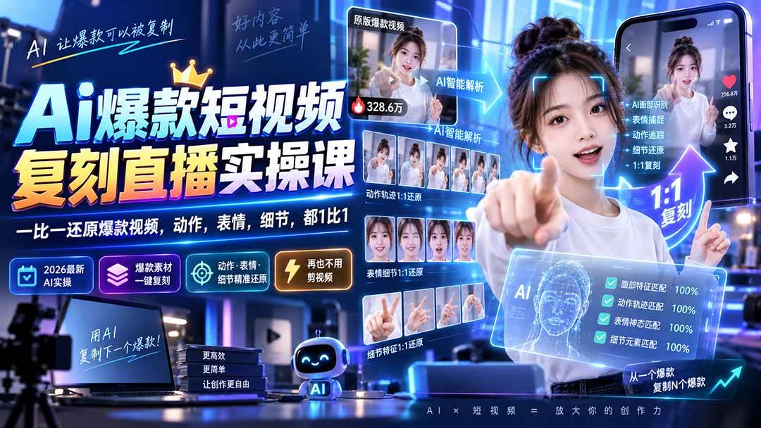 (20304期)最新Ai爆款短视频复刻直播实操课,一比一还原爆款视频,动作,表情,细节,都1比1祝你网--专注互联网创业.信息差副业研究拒绝割韭菜祝你网