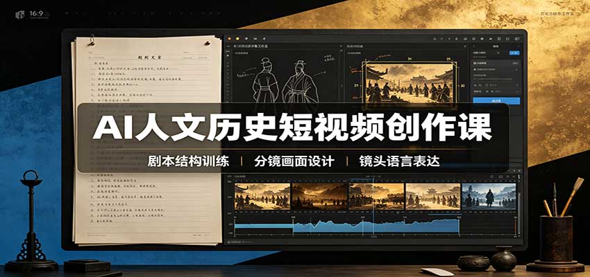 3cdea83507c321935583e6b3df7f79fe.jpeg AI人文历史短视频创作课:赛道对标、剧本分镜制图,掌握视频完整产出流程