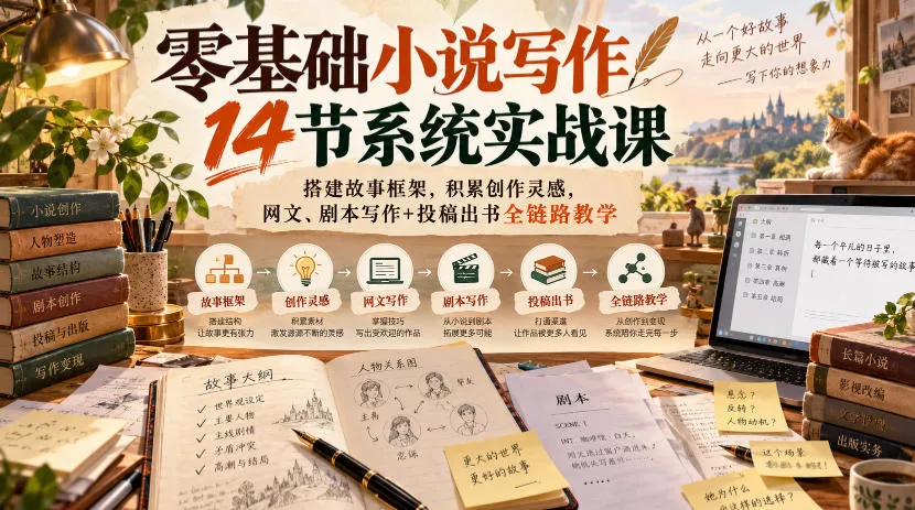 零基础小说写作14节系统实战课，搭建故事框架，积累创作灵感，网文、剧本写作+投稿出书全链路教学祝你网--专注互联网创业.信息差副业研究拒绝割韭菜祝你网