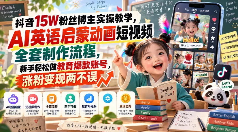 3d972ccb2a43e7e6202556a9a1eaf1fb.webp 抖音15W粉丝博主实操教学,AI英语启蒙动画短视频全套制作流程,新手轻松做教育爆款账号,涨粉变现两不误