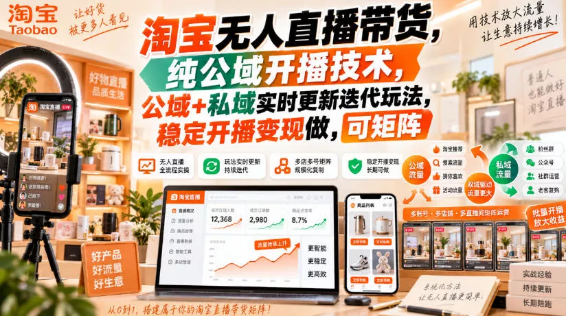 淘宝无人直播带货,纯公域开播技术,公域+私域实时更新迭代玩法,稳定开播变现做,可矩阵【揭秘】祝你网--专注互联网创业.信息差副业研究拒绝割韭菜祝你网