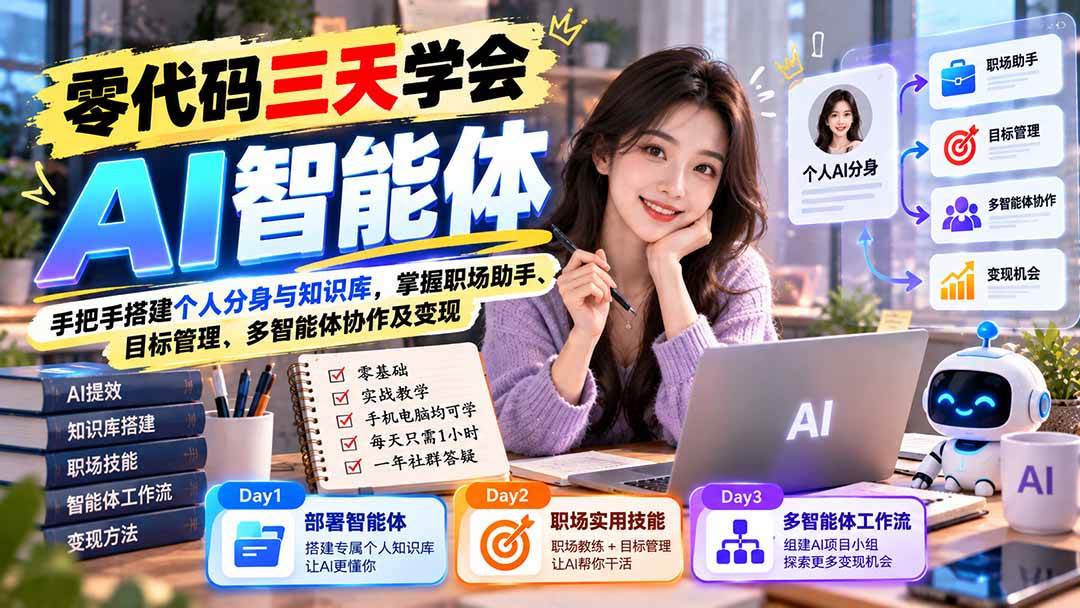 3dd8ef6f0109ec4f509753d988576824.jpeg (20978期)【无水印】零代码三天学会AI智能体:手把手搭建个人分身与知识库,掌握职场助手、目标管理、多智能体协作及变现