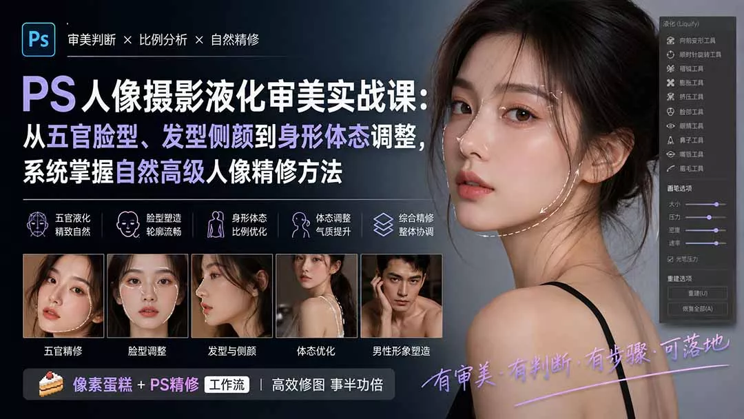PS人像摄影液化审美实战课：从五官脸型、发型侧颜到身形体态调整，系统掌握自然高级人像精修方法