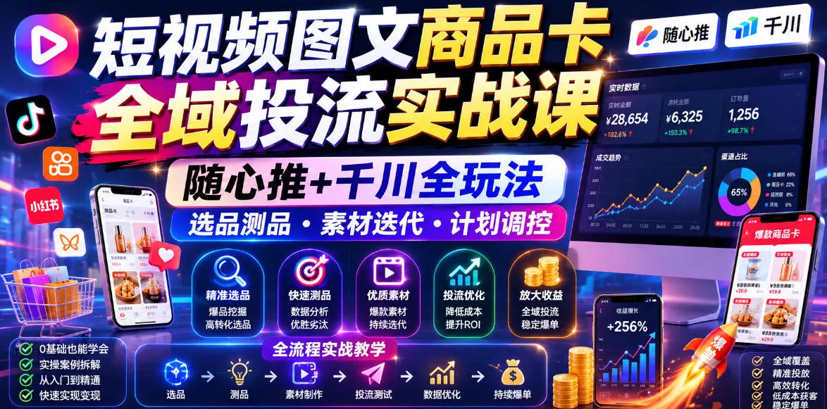 3e1d0628dea0c74dbfae5a612faf7c96.webp 短视频图文商品卡全域投流实战课,随心推+千川全玩法,选品测品・素材迭代・计划调控,提升ROI爆单增收教程