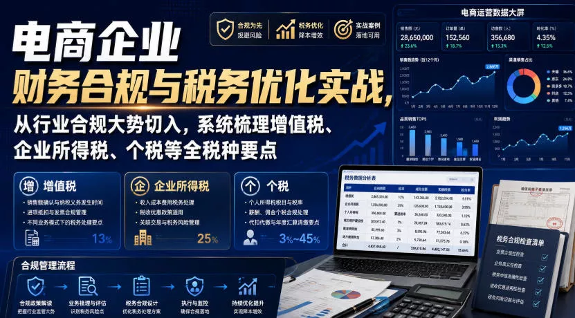 电商企业财务合规与税务优化实战,从行业合规大势切入,系统梳理增值税、企业所得税、个税等全税种要点祝你网--专注互联网创业.信息差副业研究拒绝割韭菜祝你网