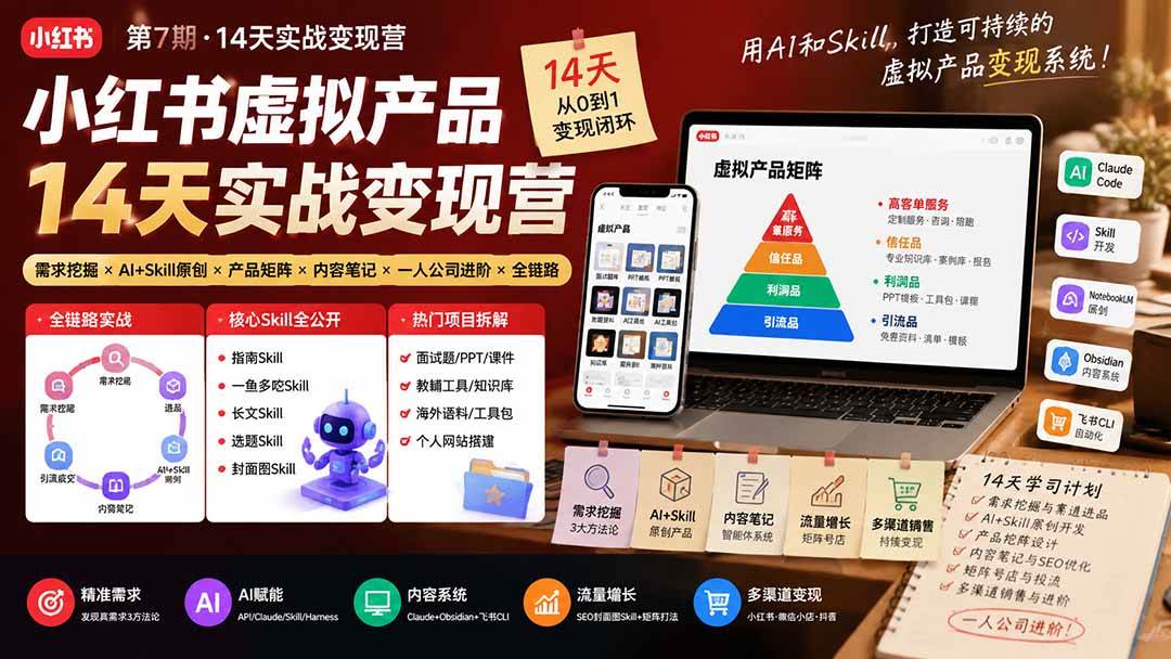 （19712期）小红书虚拟产品14天实战变现营-第7期：需求挖掘×AI+Skill原创×产品矩阵×内容笔记×一人公司进阶×全链路祝你网--专注互联网创业.信息差副业研究拒绝割韭菜祝你网