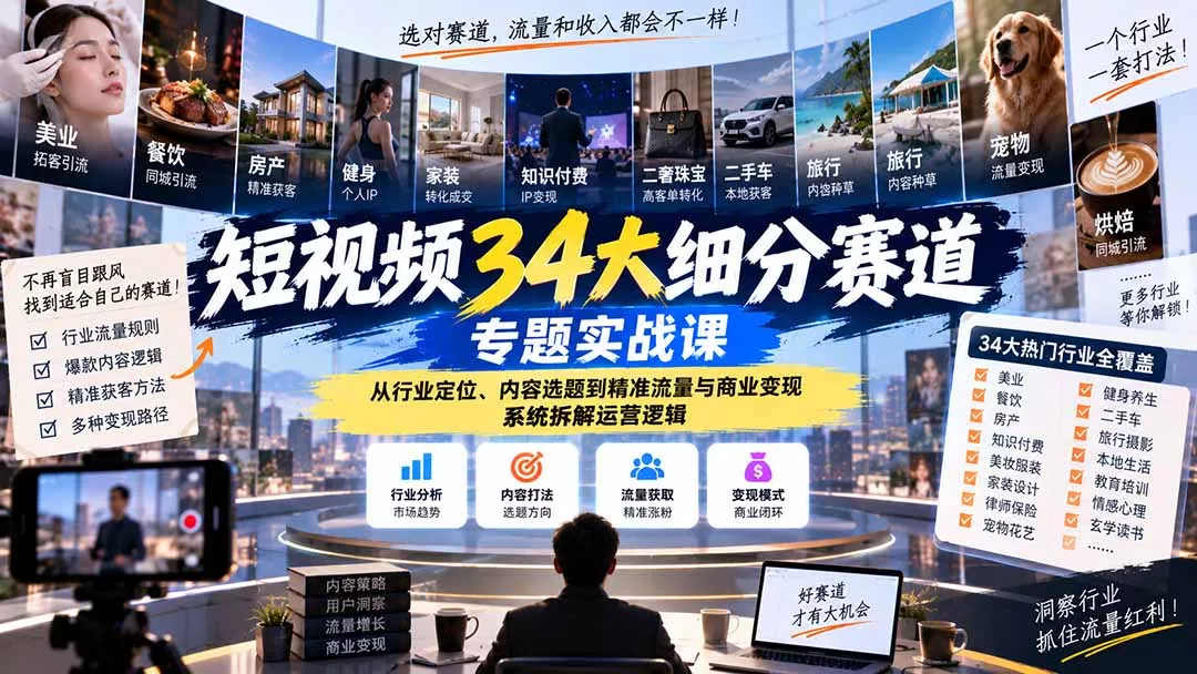 短视频34大细分赛道专题实战课：从行业定位、内容选题到精准流量与商业变现，系统拆解运营逻辑