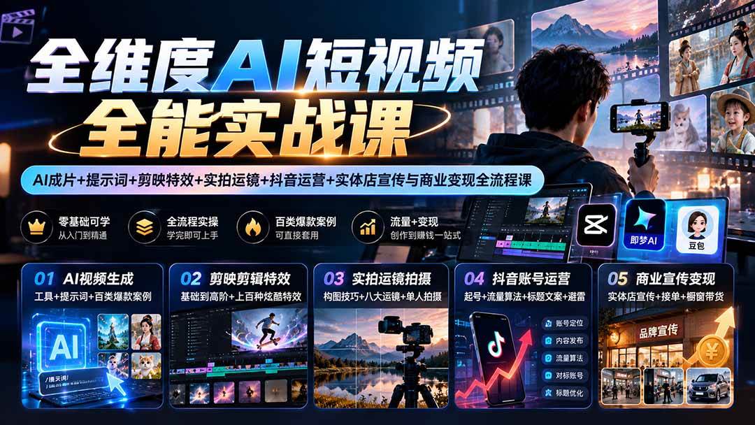 3ed9b1d440d3882b20c830b0ec9eea8b.jpeg (20768期)【无水印】全维度AI短视频全能实战课:AI成片+提示词+剪映特效+实拍运镜+抖音运营+实体店宣传与商业变现全流程课