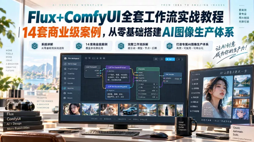 3eeeabd92b2f515b12965ec593f99a08.webp Flux+ComfyUI全套工作流实战教程|14套商业级案例,从零基础搭建AI图像生产体系