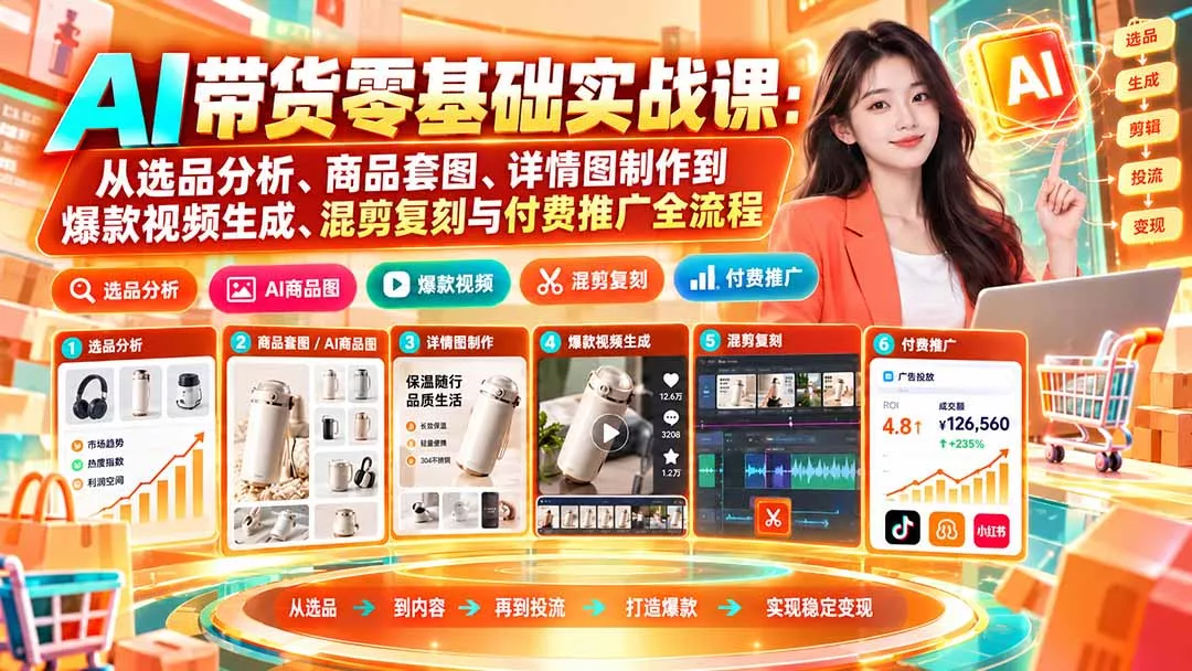3f486ce801ab372a58634ce435f1d0d1.webp AI带货零基础实战课:从选品分析、商品套图、详情图制作到爆款视频生成、混剪复刻与付费推广全流程