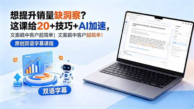 3f626d23d33f4352be7ec0bb32207e69.jpeg 想提升销量缺洞察?这课给 20 + 技巧 + AI 加速,文案戳中客户超简单!【原创双语字幕】