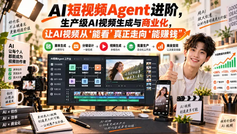 AI短视频Agent进阶,生产级AI视频生成与商业化,让AI视频从”能看”真正走向”能賺钱”祝你网--专注互联网创业.信息差副业研究拒绝割韭菜祝你网