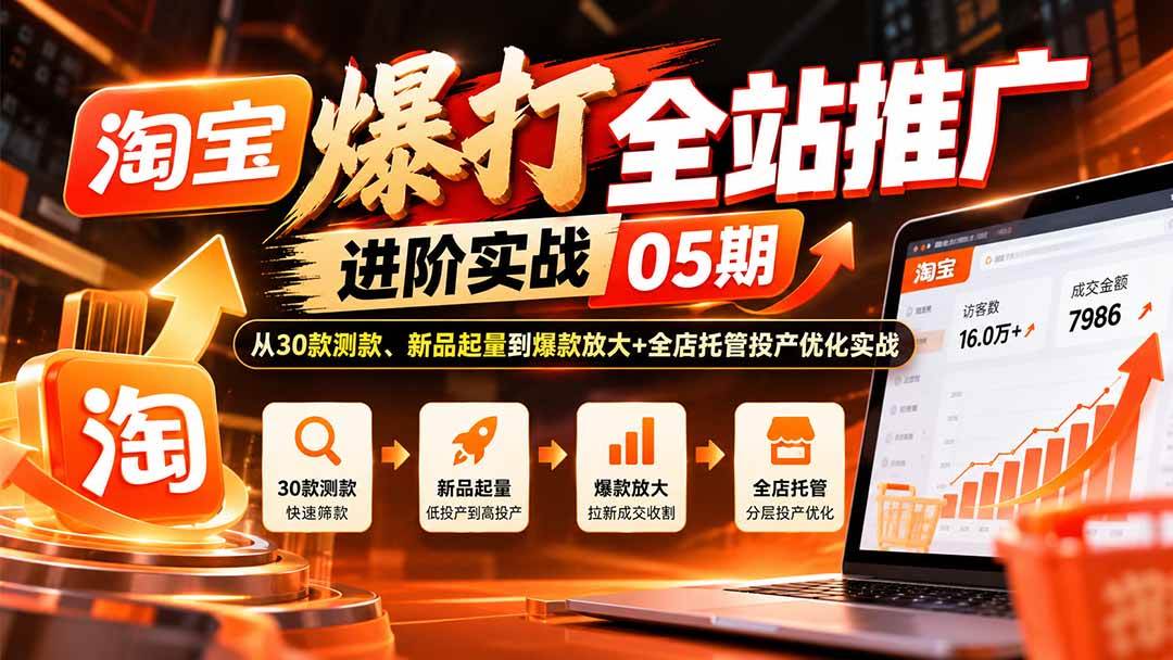 3fc0069be03318fca27d211b6abddcd1.jpeg (20817期)淘宝爆打全站推广进阶实战05期:从30款测款、新品起量到爆款放大+全店托管投产优化实战