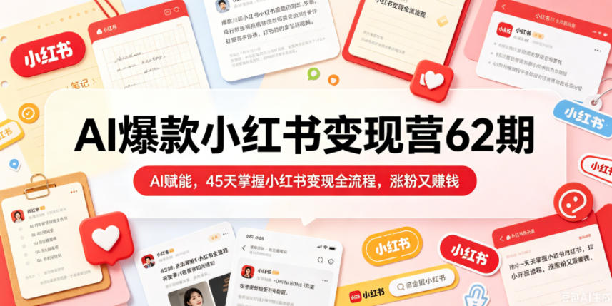 AI爆款小红书变现营62期2026年5月,AI赋能,45天掌握小红书变现全流程,涨粉又賺钱祝你网--专注互联网创业.信息差副业研究拒绝割韭菜祝你网