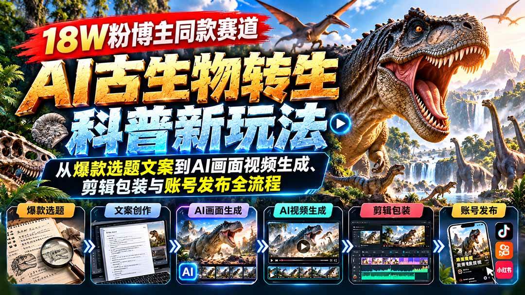 (20833期)18W粉博主同款赛道-AI古生物转生科普新玩法:从爆款选题文案到AI画面视频生成、剪辑包装与账号发布全流程祝你网--专注互联网创业.信息差副业研究拒绝割韭菜祝你网