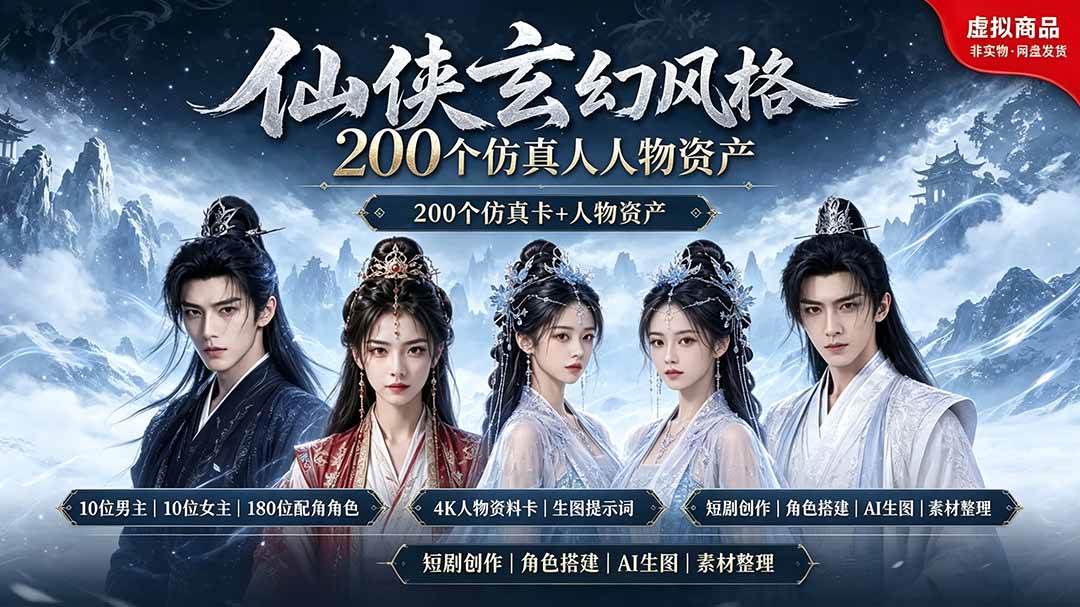 (19301期)200个仙侠玄幻仿真人素材◆10男主×10女主×180配角,4K资料卡+AI生图提示词,漫剧必备祝你网--专注互联网创业.信息差副业研究拒绝割韭菜祝你网