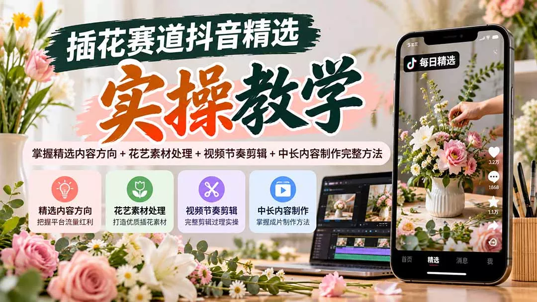 插花赛道抖音精选实操教学:掌握精选内容方向+花艺素材处理+视频节奏剪辑+中长内容制作完整方法祝你网--专注互联网创业.信息差副业研究拒绝割韭菜祝你网