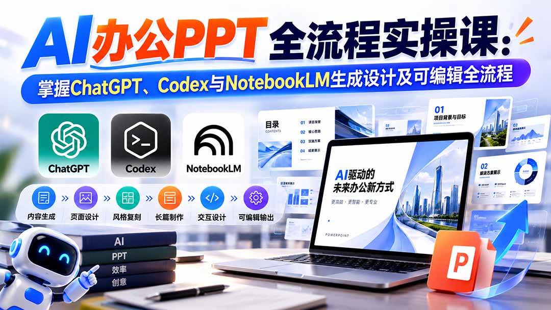 4304be27b008164735f5ba9dceb2e26c.jpeg (20660期)【无水印】AI办公PPT全流程实操课: 掌握ChatGPT、Codex与NotebookLM生成设计及可编辑全流程