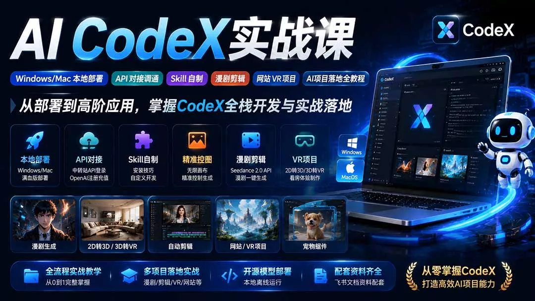 4376c547d1ed0cb2ed9e91e1d380ab42.webp AI CodeX实战课|Windows/Mac 本地部署|API 对接调通|Skill 自制|漫剧剪辑|网站 VR 项目|AI项目落地全教程