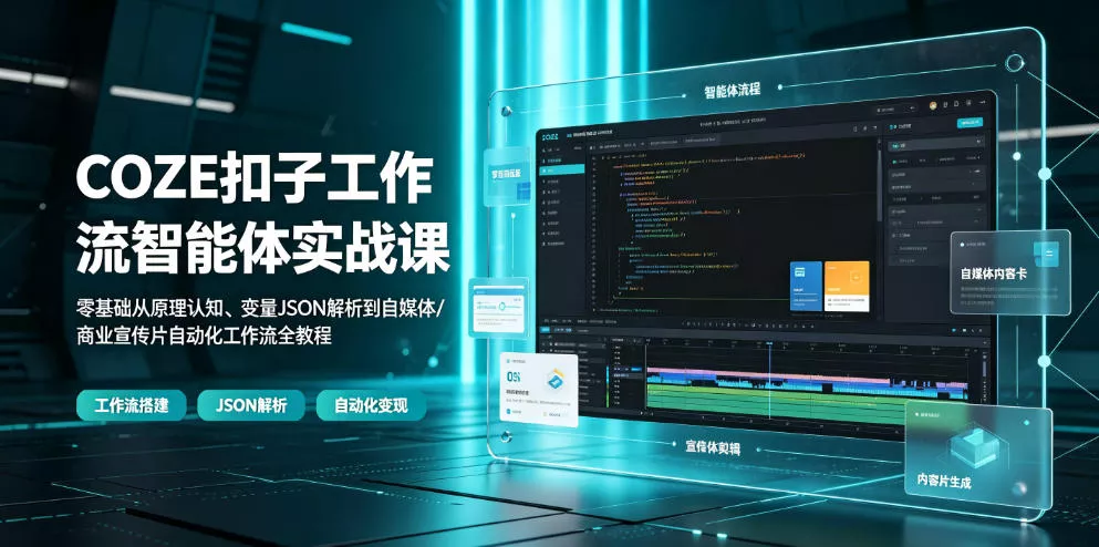 COZE扣子工作流智能体实战课|零基础从原理认知、变量JSON解析到自媒体/商业宣传片自动化工作流全教程祝你网--专注互联网创业.信息差副业研究拒绝割韭菜祝你网