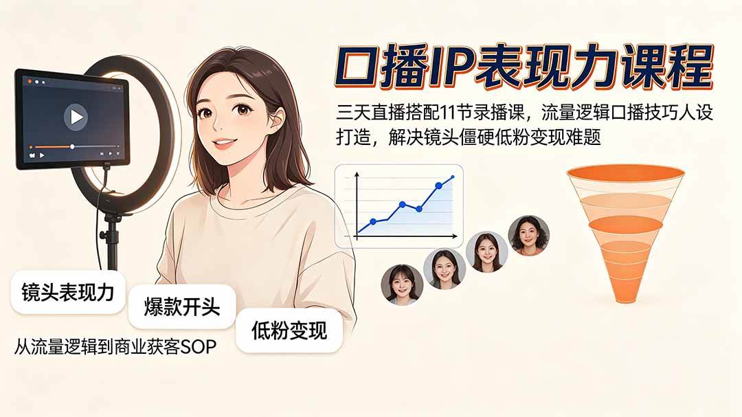 43ad64e47cc1dc0909cce60d252fbe08.jpeg (19604期)口播IP表现力课程|三天直播搭配11节录播课,流量逻辑口播技巧人设打造,解决镜头僵硬低粉变现难题