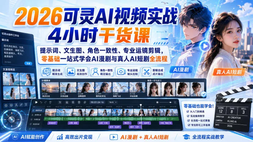2026可灵AI视频实战4小时干货课|提示词、文生图、角色一致性、专业运镜剪辑,零基础一站式学会AI漫剧与真人AI短剧全流程祝你网--专注互联网创业.信息差副业研究拒绝割韭菜祝你网