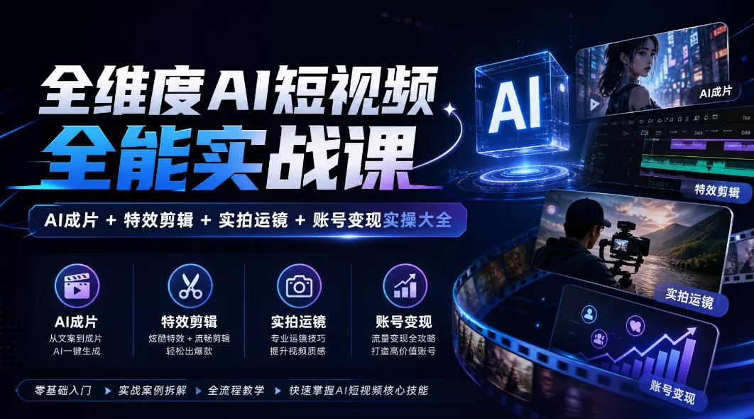 444b929ca68cbefa297a099c7f7f41bf.webp 全维度AI短视频全能实战课,AI成片+特效剪辑+实拍运镜+账号变现实操大全