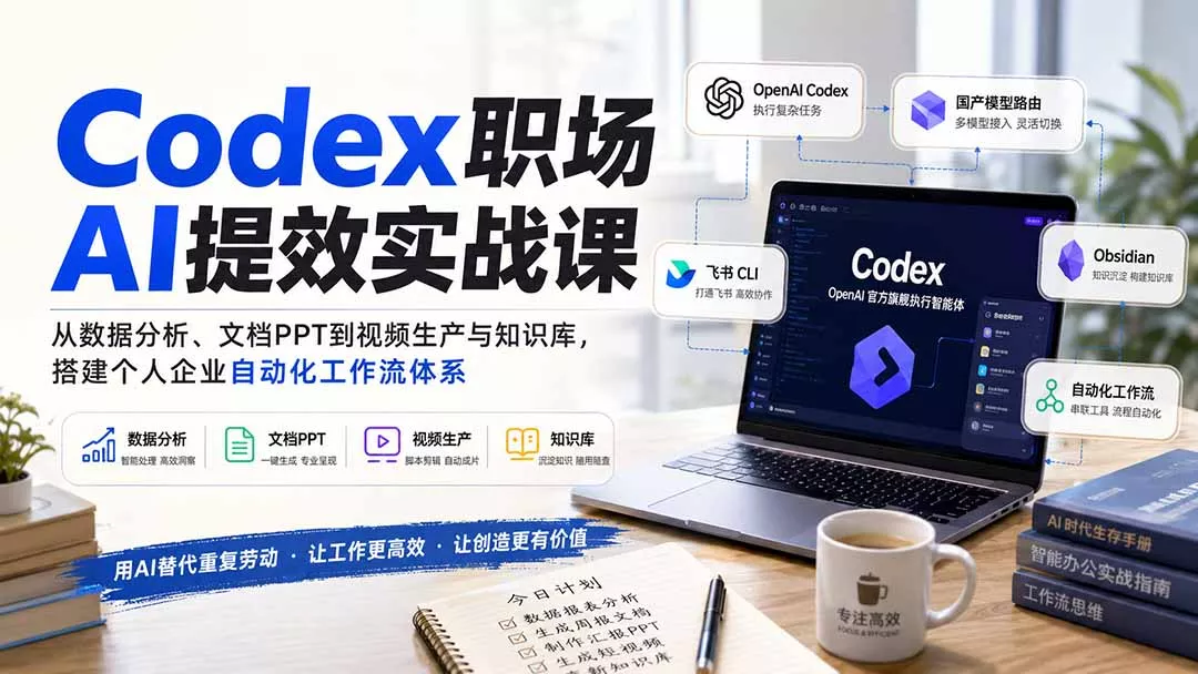 4466a896d62244dd6b8ccf949289808d.webp Codex职场AI提效实战课:从数据分析、文档PPT到视频生产与知识库,搭建个人企业自动化工作流体系
