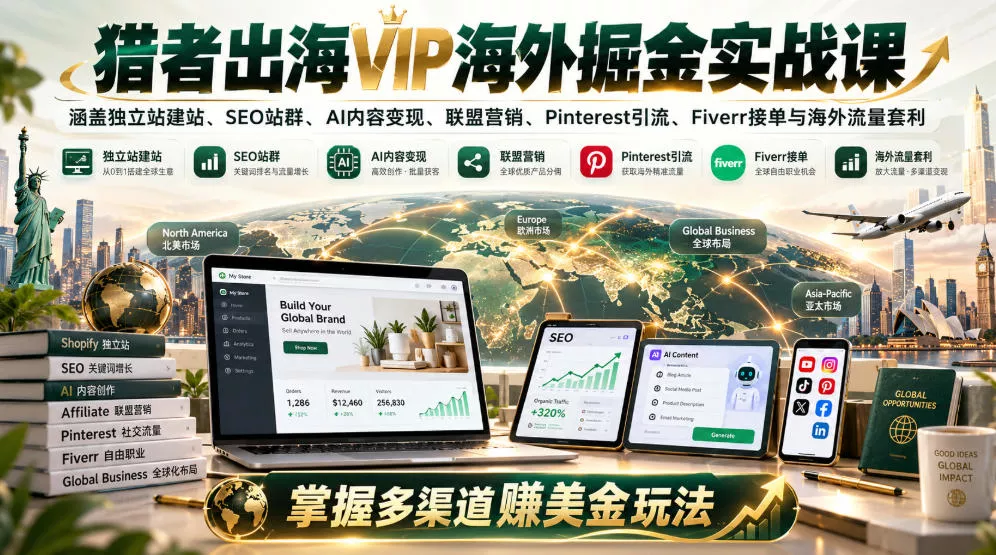 猎者出海VIP海外掘金实战课：涵盖独立站、SEO站群、AI变现、联盟营销、Pinterest引流、Fiverr接单与海外流量套利，掌握多渠道賺美金玩法祝你网--专注互联网创业.信息差副业研究拒绝割韭菜祝你网