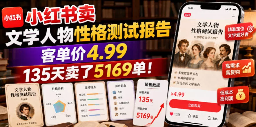 44e89d7d38359369bb973b689e5d843d.webp 小红书卖文学人物性格测试报告,客单价4.99,135天卖了5169单!