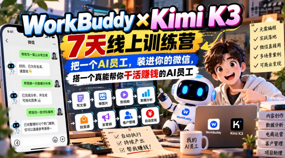 WorkBuddy×Kimi K3 7天线上训练营,把一个AI员工,装进你的微信,搭一个真能帮你干活賺钱的AI员工祝你网--专注互联网创业.信息差副业研究拒绝割韭菜祝你网