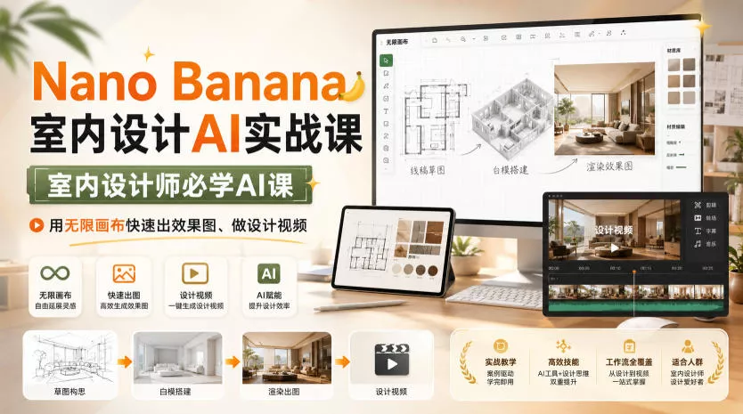 4555572a363d56213d583eb7ca841b0a.webp Nano Banana室内设计AI实战课,室内设计师必学AI课,用无限画布快速出效果图、做设计视频