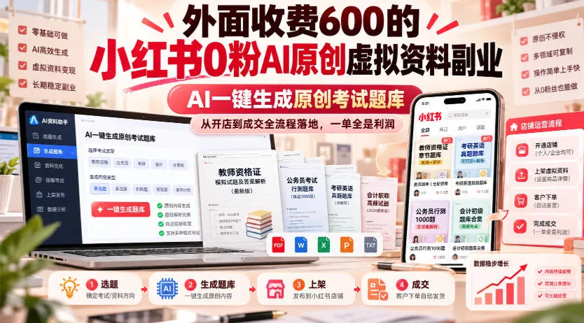 外面收费600的小红书0粉AI原创虚拟资料副业,AI一键生成原创考试题库,从开店到成交全流程落地,一单全是利润祝你网--专注互联网创业.信息差副业研究拒绝割韭菜祝你网