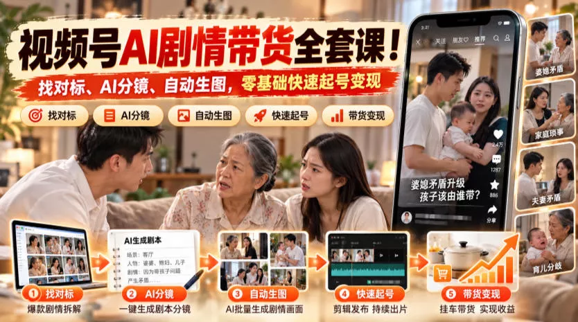456c5a147a22583aac58c30df8be5d23.webp 视频号AI剧情带货全套课!找对标、AI分镜、自动生图,零基础快速起号变现