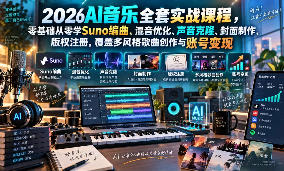 2026AI音乐实战课程,零基础从零学Suno编曲、混音优化、声音克隆、版权注册,覆盖多风格歌曲创作与账号变现祝你网--专注互联网创业.信息差副业研究拒绝割韭菜祝你网