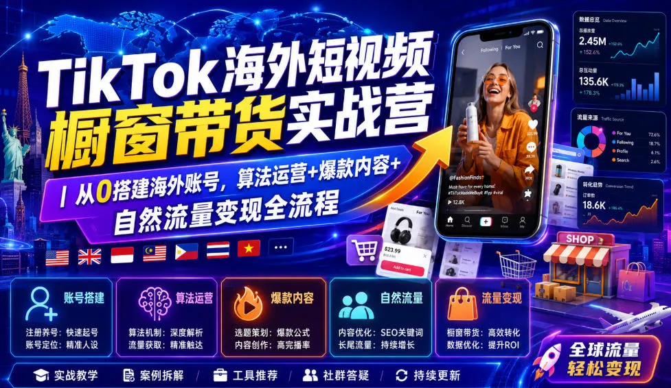 TikTok海外短视频橱窗带货实战营｜从0搭建海外账号，算法运营+爆款内容+自然流量变现全流程祝你网--专注互联网创业.信息差副业研究拒绝割韭菜祝你网