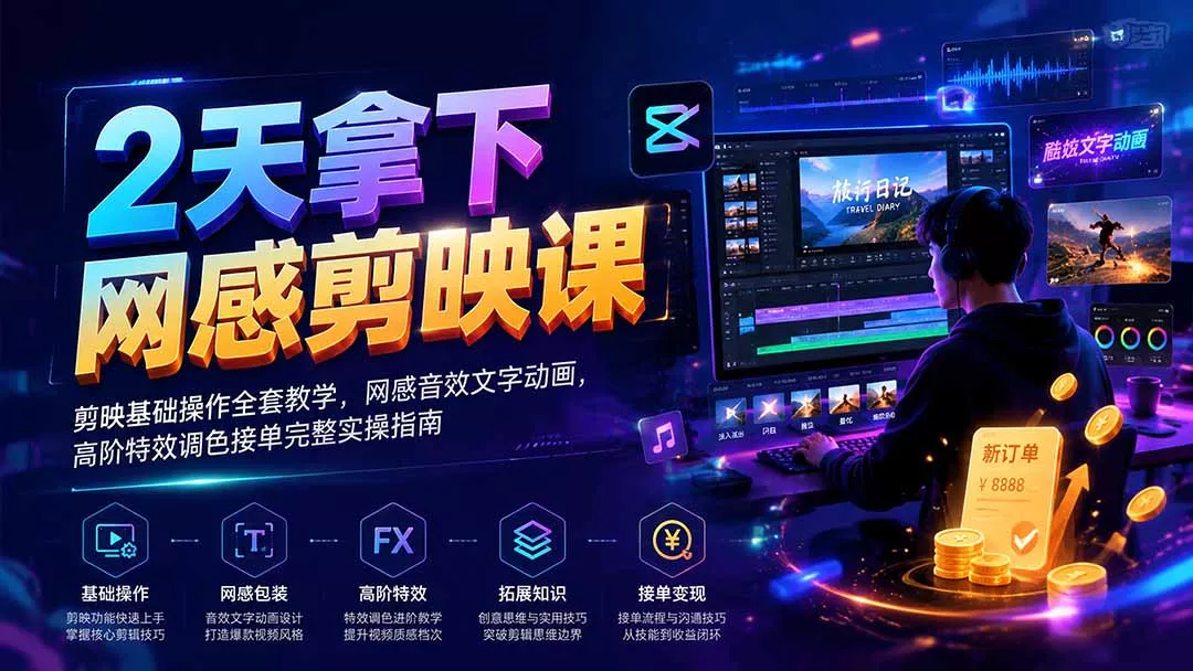 2天拿下网感剪辑课|剪映基础操作全套教学,网感音效文字动画,高阶特效调色接单完整实操指南祝你网--专注互联网创业.信息差副业研究拒绝割韭菜祝你网