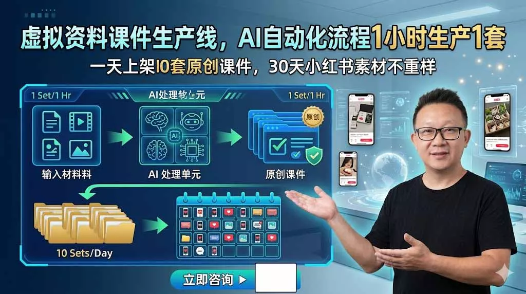 虚拟资料课件生产线，AI自动化流程1小时生产1套，一天上架10套原创课件，30天小红书素材不重样祝你网--专注互联网创业.信息差副业研究拒绝割韭菜祝你网
