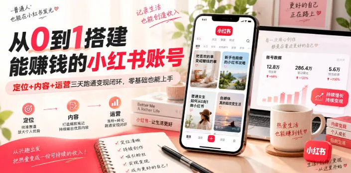 从0到1搭建能賺钱的小红书账号，定位+内容+运营三天跑通变现闭环祝你网--专注互联网创业.信息差副业研究拒绝割韭菜祝你网