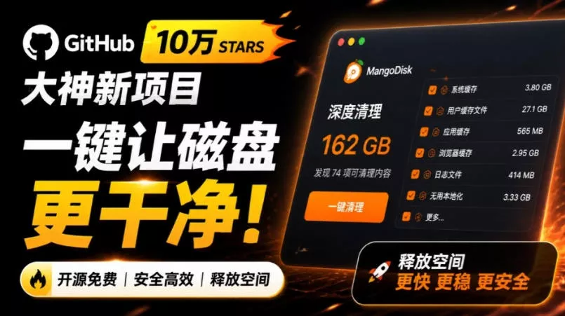 在Gtihub上做出10万stars的大神,又发布新项目了!一键让磁盘更干净,开源免费清理工具MangoDisk祝你网--专注互联网创业.信息差副业研究拒绝割韭菜祝你网