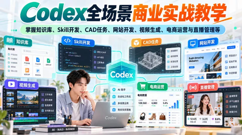 47ec1a85a8a45a52e48bc9fcdd3bd43a.webp 【无水印】Codex全场景商业实战教学,掌握知识库、Skill开发、CAD任务、网站开发、视频生成、电商运营与直播管理等