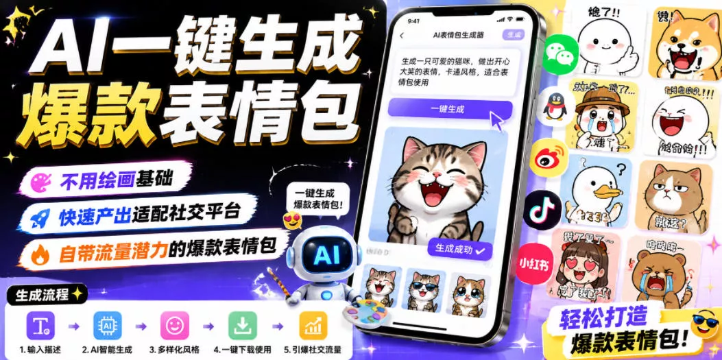AI一键生成爆款表情包,不用绘画基础,快速产出适配社交平台,自带流量潜力的爆款表情包祝你网--专注互联网创业.信息差副业研究拒绝割韭菜祝你网