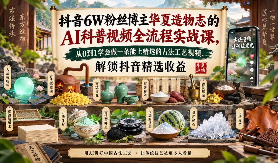 抖音6W粉丝博主华夏造物志的AI科普视频全流程实战课,从0到1学会做一条能上精选的古法工艺视频,解锁抖音精选收益祝你网--专注互联网创业.信息差副业研究拒绝割韭菜祝你网