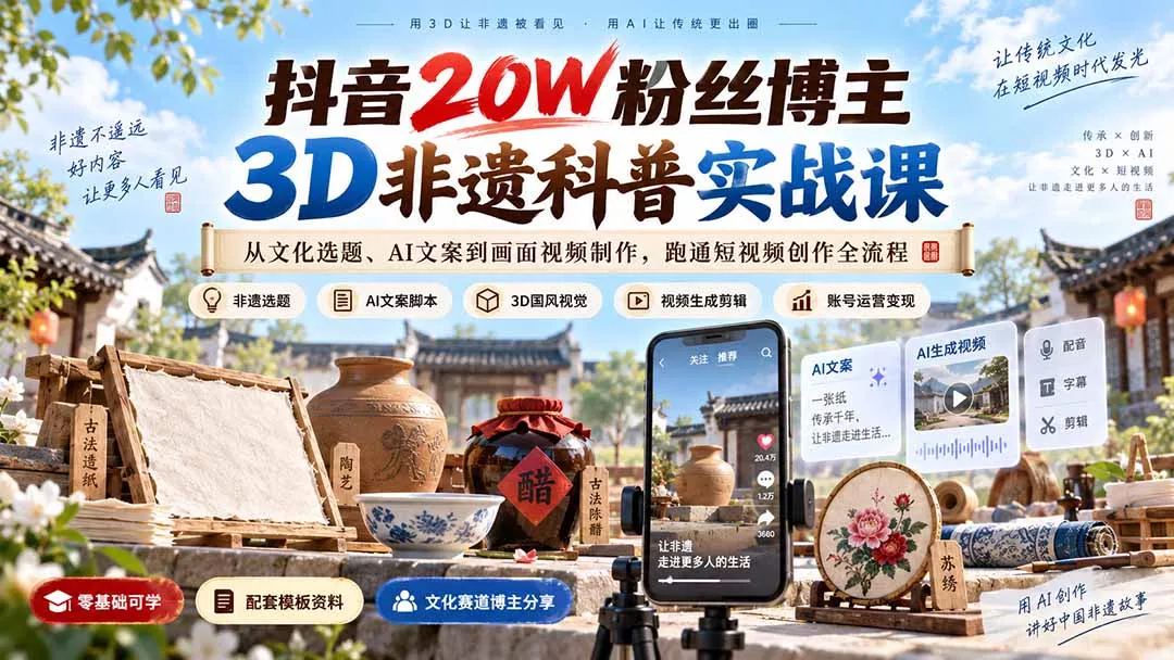 49f0dd2dd178a864ce781c0468cce444.webp 抖音20W粉丝博主3D非遗科普实战课:从文化选题、AI文案到画面视频制作,跑通短视频创作全流程