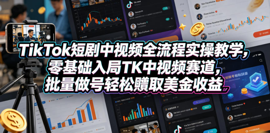 TikTok短剧中视频全流程实操教学，零基础入局TK中视频赛道，批量做号轻松賺取美金收益祝你网--专注互联网创业.信息差副业研究拒绝割韭菜祝你网