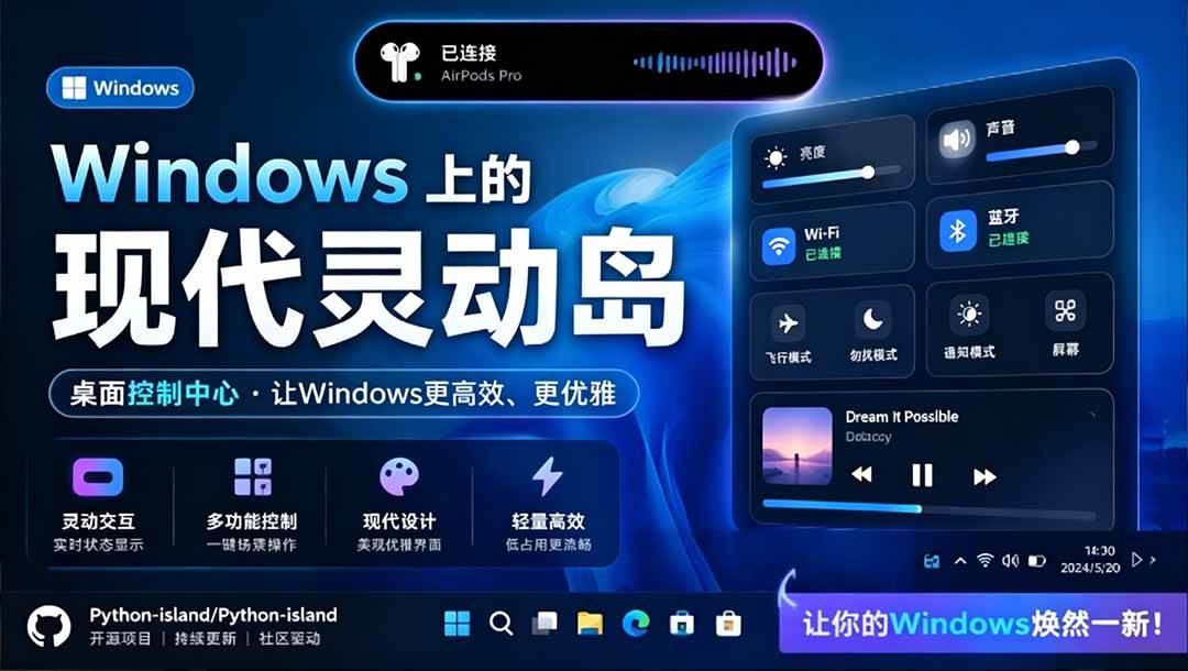（19104期）Windows也能拥有桌面灵动岛！现代化的系统控制中心，让你的电脑多个黑刘海，PyIsland祝你网--专注互联网创业.信息差副业研究拒绝割韭菜祝你网
