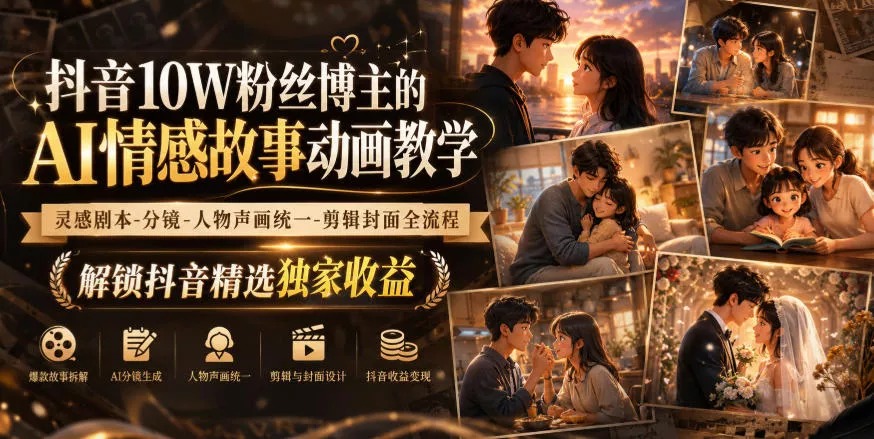 4a504ed07cf95a8b8bb72a1881cad969.webp 抖音10W粉丝博主的AI情感故事动画教学,灵感剧本‑分镜‑人物声画统一‑剪辑封面全流程,解锁抖音精选独家收益